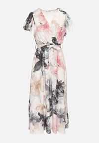 Born2be - Biało-Czarna Sukienka w Kwiaty o Kopertowym Kroju z Wiązanym Paskiem Redanae. Okazja: na co dzień. Kolor: czarny. Wzór: kwiaty. Typ sukienki: kopertowe. Styl: elegancki, casual #4