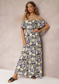 Renee - Fioletowo-Żółta Sukienka Maxi Bawełniana w Kwiaty z Falbanką Saranna. Kolor: fioletowy. Materiał: bawełna. Długość rękawa: na ramiączkach. Wzór: kwiaty. Długość: maxi #4