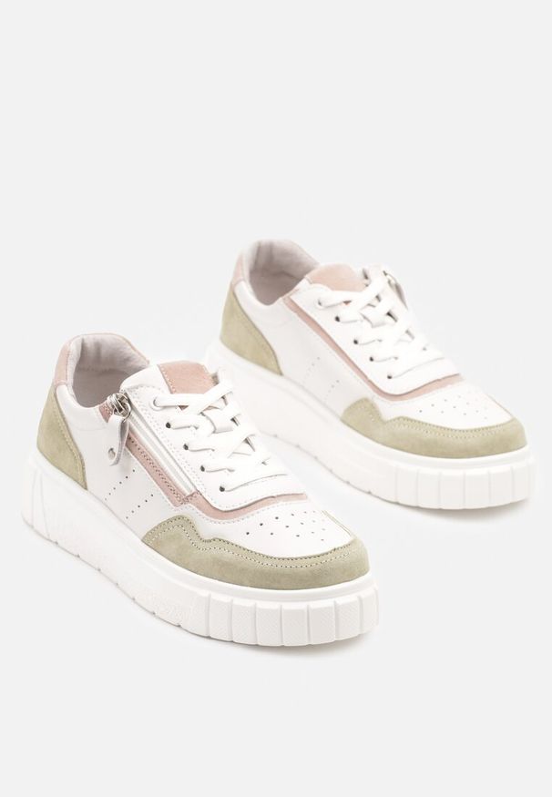 Renee - Biało-Zielone Streetwearowe Sneakersy ze Skóry Naturalnej z Ozdobnym Suwakiem Eleavenna. Okazja: na co dzień. Zapięcie: sznurówki. Kolor: biały. Materiał: skóra. Obcas: na obcasie. Wysokość obcasa: niski