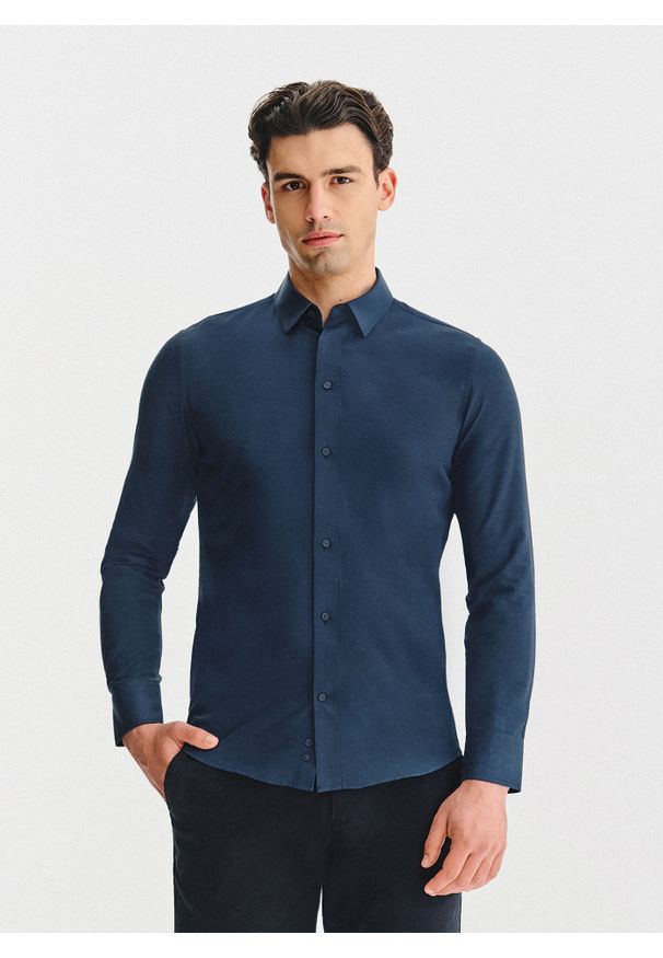 Pako Lorente - PAKO LORENTE - Granatowa koszula męska melanż. Kolor: niebieski. Materiał: bawełna, poliester. Długość rękawa: długi rękaw. Długość: długie. Wzór: melanż. Sezon: jesień