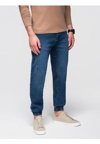 Ombre Clothing - Spodnie męskie jeansowe JOGGERY z klasyczna opaśnicą - niebieskie V2 - Rozmiar: L. Okazja: na co dzień. Kolor: niebieski. Materiał: jeans. Styl: klasyczny