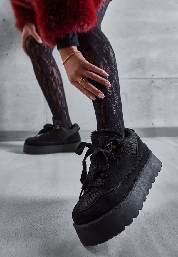 Renee - Czarne Sneakersy Śniegowce na Platformie Velavine. Kolor: czarny. Materiał: jeans. Obcas: na platformie