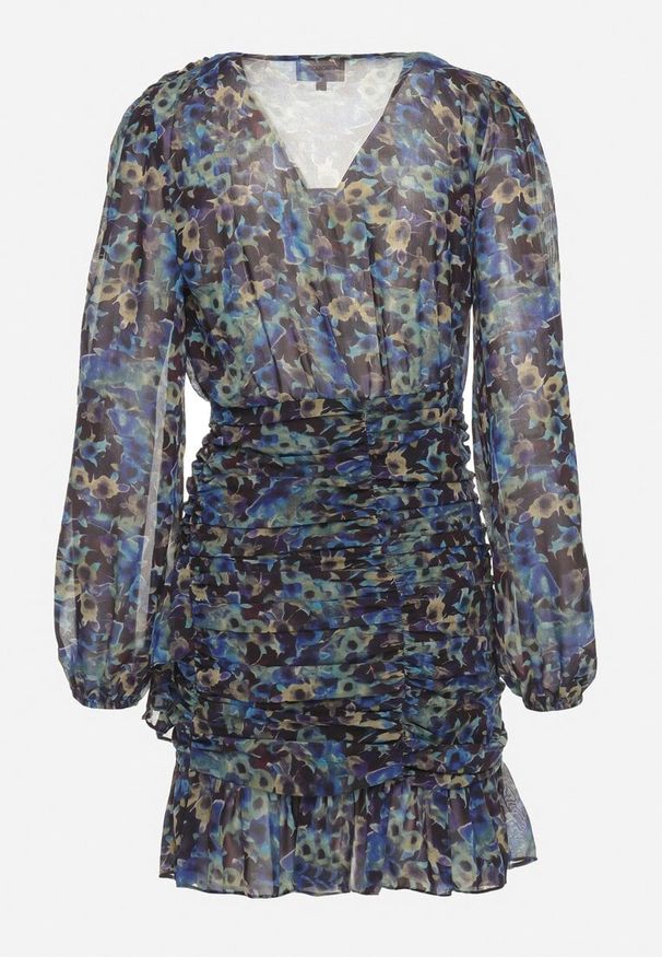 Born2be - Czarno-Niebieska Dopasowana Sukienka w Kwiaty z Marszczeniem i Falbankami Mirilia. Okazja: na co dzień. Typ kołnierza: kołnierz z falbankami. Kolor: czarny. Materiał: jeans. Wzór: kwiaty. Styl: casual