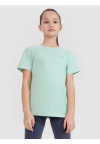 4f - 4F T-shirt regular gładki dziewczęcy - turkusowy 158 (12-13 lat). Okazja: na co dzień. Kolor: turkusowy. Materiał: bawełna, jersey, dzianina. Długość rękawa: krótki rękaw. Długość: krótkie. Wzór: gładki. Sezon: lato. Styl: sportowy, klasyczny, casual