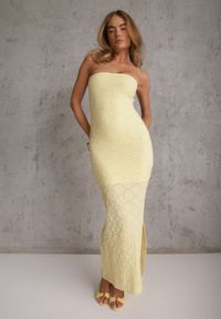 Renee - Żółta Koktajlowa Sukienka Bandeau z Bawełnianej Koronki z Rozcięciem na Nogę Manore. Typ kołnierza: dekolt w łódkę. Kolor: żółty. Materiał: bawełna, koronka. Długość rękawa: bez ramiączek. Wzór: koronka. Sezon: lato. Typ sukienki: dopasowane. Styl: wizytowy #4