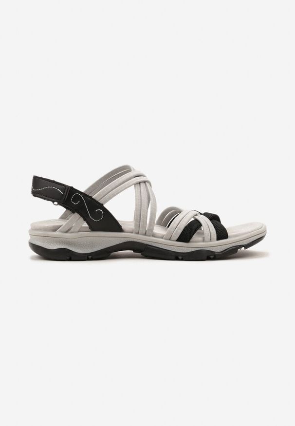 Born2be - Czarno-Szare Płaskie Sandały ze Skórzaną Wkładką i Cienkimi Paskami Zapinane na Rzep Clines. Okazja: na co dzień. Zapięcie: rzepy. Kolor: czarny. Materiał: skóra. Sezon: lato. Styl: casual, elegancki