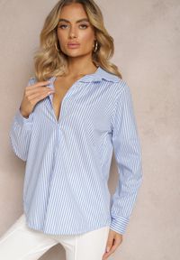 Renee - Niebieska Koszula o Klasycznym Fasonie z Guzikami w Paski Adetia. Okazja: na co dzień, na spotkanie biznesowe, do pracy. Kolor: niebieski. Materiał: jeans. Wzór: paski. Styl: klasyczny