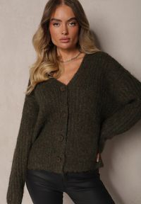 Renee - Ciemnozielony Rozpinany Kardigan z Wełną i Ściągaczami przy Rękawach Ciarella. Kolor: zielony. Materiał: wełna. Sezon: zima