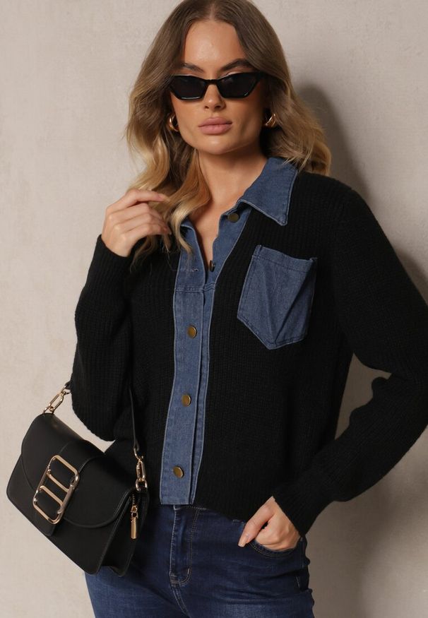 Renee - Czarny Rozpinany Kardigan z Wełną Bawełną i Jeansowymi Wstawkami Edelissa. Okazja: na co dzień. Kolor: czarny. Materiał: wełna, jeans, bawełna. Styl: elegancki, casual