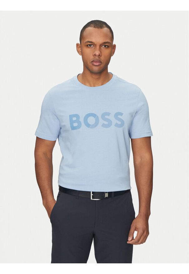 BOSS T-Shirt Tape Logo 50530990 Błękitny Regular Fit. Kolor: niebieski. Materiał: bawełna