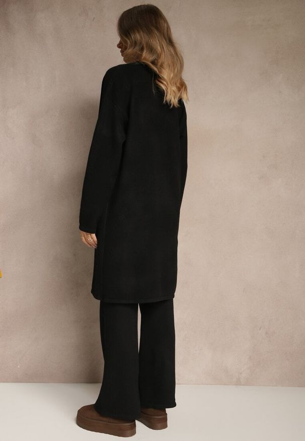 Renee - Czarny Komplet z Dzianiny z Wełną Długi Kardigan Spodnie i Kamizelka Otizane. Kolekcja: plus size. Kolor: czarny. Materiał: dzianina, wełna. Wzór: aplikacja