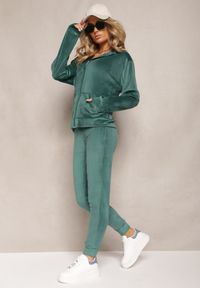 Renee - Ciemnozielony Welurowy Komplet Dresowy Bluza z Kapturem i Proste Spodnie Arislo. Kolor: zielony. Materiał: welur, dresówka
