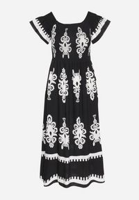 Born2be - Czarna Wiskozowa Sukienka w Ornamentalne Wzory o Rozkloszowanym Kroju Divessa. Kolor: czarny. Materiał: wiskoza. Długość rękawa: krótki rękaw. Typ sukienki: proste #2