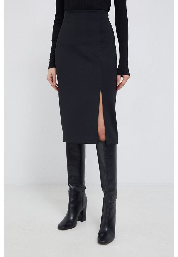 Calvin Klein Spódnica kolor czarny midi prosta. Okazja: na co dzień. Stan: podwyższony. Kolor: czarny. Materiał: materiał, dzianina, włókno. Wzór: gładki. Styl: casual