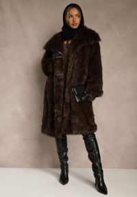 Renee - Brązowy Płaszcz Futro o Jednorzędowym Kroju z Szerokim Kołnierzem Aweda. Okazja: na co dzień. Kolor: brązowy. Materiał: futro. Styl: wizytowy, casual, elegancki #5