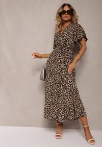 Renee - Brązowa Kopertowa Sukienka Bawełniana z Gumką w Talii i Materiałowym Paskiem Teslana. Okazja: na co dzień. Kolor: brązowy. Materiał: materiał, bawełna. Wzór: nadruk. Sezon: lato. Typ sukienki: kopertowe. Styl: casual #3