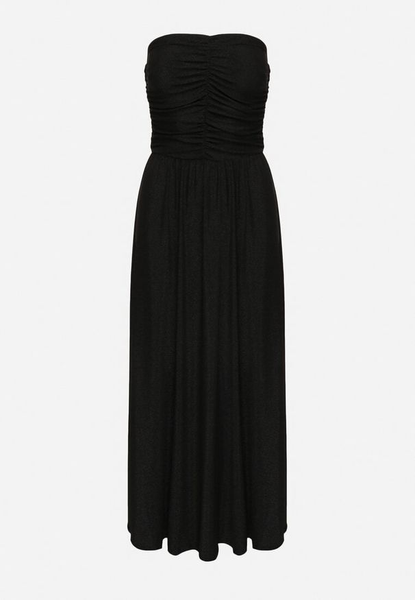 Born2be - Czarna Sukienka Koktajlowa Bandeau z Wiskozą Ozdobiona Marszczeniem Nalithae. Okazja: na co dzień. Kolor: czarny. Materiał: wiskoza. Wzór: aplikacja. Styl: wizytowy