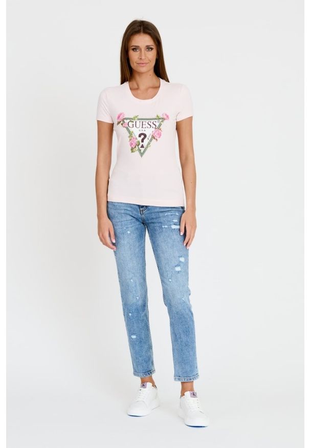 Guess - GUESS Różowy damski t-shirt Floral Triangle Tee, Rozmiar S. Kolor: różowy