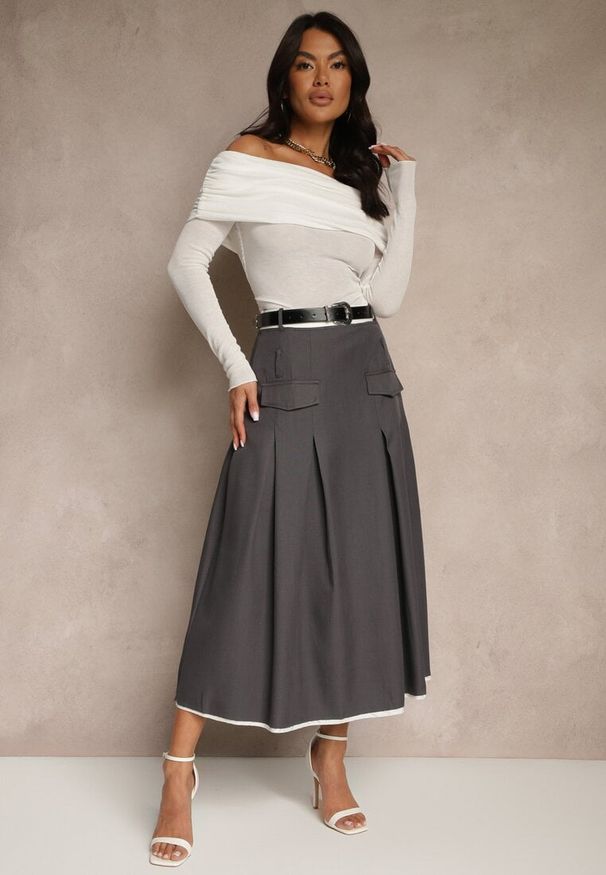 Renee - Szara Spódnica High Waist z Plisami Wykończona Imitacją Kieszeni i Paskiem Evilenes. Okazja: do pracy, na spotkanie biznesowe. Stan: podwyższony. Kolor: szary. Styl: elegancki, biznesowy
