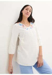 bonprix - Shirt ciążowy i do karmienia, z chwostem i kwiatowym nadrukiem. Kolekcja: moda ciążowa. Kolor: biały. Materiał: bawełna. Wzór: nadruk, kwiaty