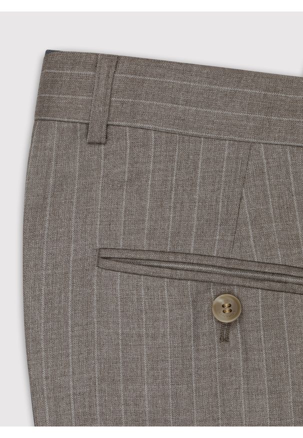 Pako Lorente - PAKO LORENTE – Beżowe spodnie garniturowe w prążek. Kolor: beżowy. Materiał: poliester, wiskoza. Wzór: prążki. Styl: elegancki