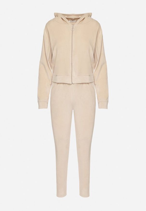 Born2be - Beżowy Welurowy Komplet Dresowy 2-Częściowy z Lampasami Bluza i Spodnie Atiriv. Kolor: beżowy. Materiał: welur, dresówka