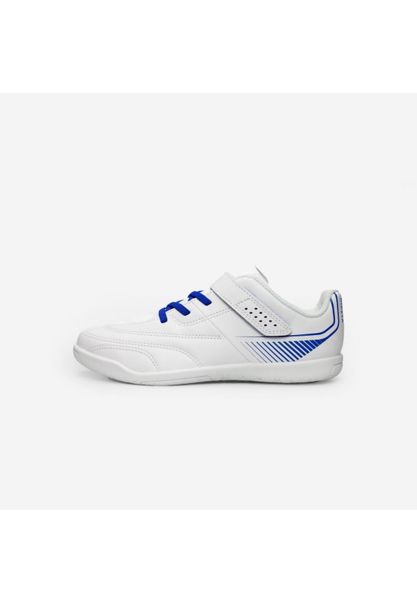 KIPSTA - Buty do piłki nożnej halowej dla dzieci Kipsta Futsal 100. Zapięcie: rzepy. Kolor: biały, niebieski, wielokolorowy. Materiał: poliester. Sport: piłka nożna