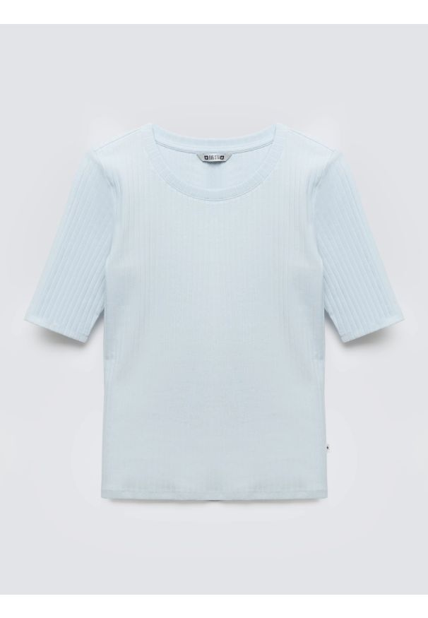 Big-Star - Koszulka damska w prążek błękitna Imija 400. Okazja: na co dzień. Kolor: niebieski. Materiał: prążkowany, dzianina, jeans, materiał. Długość rękawa: krótki rękaw. Długość: krótkie. Wzór: prążki. Styl: casual, klasyczny