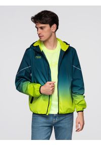 Ombre Clothing - Sportowa kurtka męska ombre z odblaskami i polarową podszewką – turkusowo-limonkowa V1 - Rozmiar: XL. Kolor: turkusowy. Materiał: polar. Wzór: nadruk, gradientowy, napisy. Styl: sportowy #1