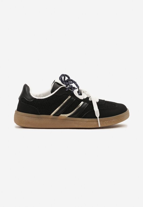 Born2be - Czarne Sneakersy z Podwójnym Wiązaniem i Geometrycznym Wzorem Telanielia. Okazja: na spacer. Kolor: czarny. Materiał: jeans. Wzór: geometria. Sport: turystyka piesza
