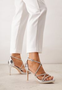 Born2be - Srebrne Sandały na Szpilce VICES Ozdobione Cyrkoniami Orinia. Zapięcie: pasek. Kolor: srebrny. Wzór: aplikacja. Obcas: na szpilce. Styl: elegancki #1