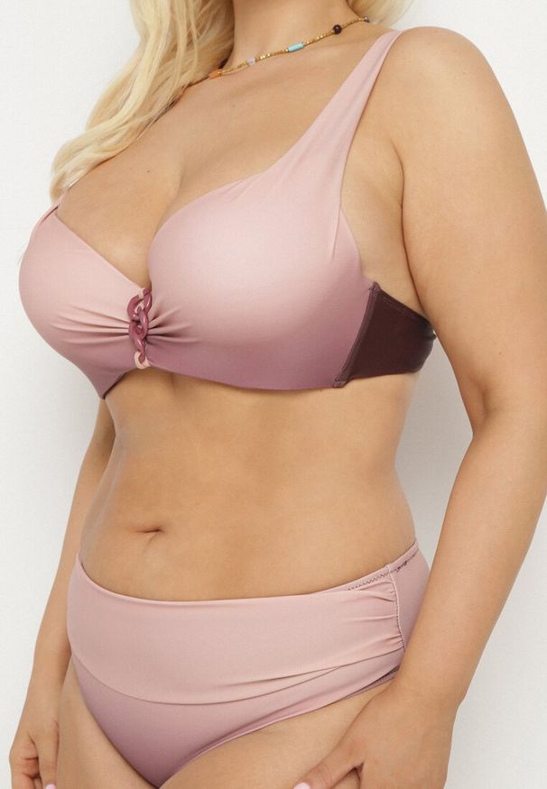 Born2be - Ciemnoróżowe Bikini Majtki Figi i Biustonosz z Ozdobnym Marszczeniem Linaronia. Kolekcja: plus size. Kolor: różowy. Wzór: haft
