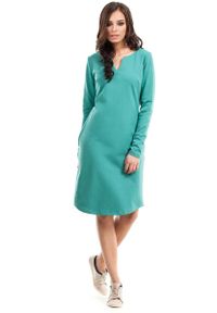 MOE - Sukienka Trapezowa z Długim Rękawem - Zielona. Kolor: zielony. Materiał: elastan, bawełna. Długość rękawa: długi rękaw. Typ sukienki: trapezowe