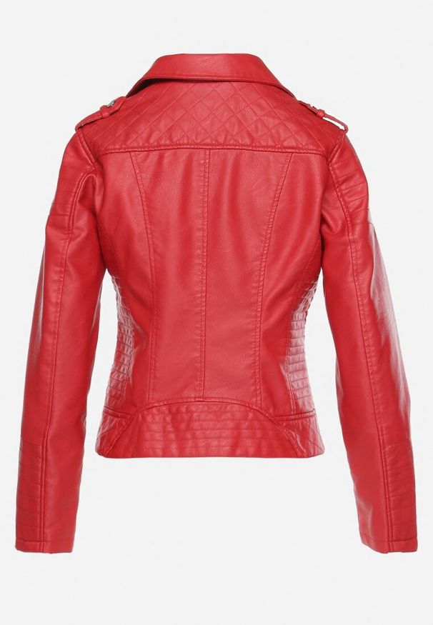 Born2be - Czerwona Kurtka Ramoneska z Ekoskóry Zapinana Asymetrycznie na Suwak z Przeszyciami Passaflora. Okazja: na co dzień. Kolor: czerwony. Materiał: jeans. Styl: klasyczny, rockowy, casual