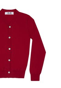 COMME DES GARCONS PLAY - Czerwony kardigan z kontrastowymi guzikami. Kolor: czerwony. Materiał: jeans, bawełna. Styl: klasyczny, elegancki #1