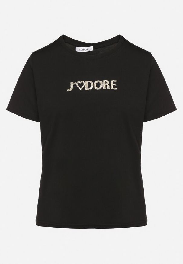 Born2be - Czarny Bawełniany T-shirt Ozdobiony Napisem Nalaviraen. Okazja: na co dzień, na randkę, na spacer. Kolor: czarny. Materiał: bawełna. Wzór: aplikacja, napisy. Styl: elegancki, casual