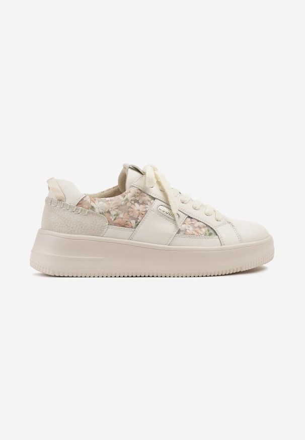 Born2be - Beżowe Skórzane Sneakersy Ozdobione Napisem i Kwiatami Nilivienna. Okazja: na co dzień. Kolor: beżowy. Materiał: skóra. Wzór: napisy, aplikacja, kwiaty
