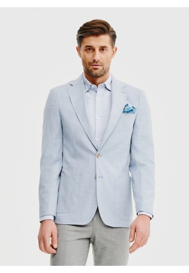 Pako Lorente - PAKO LORENTE – Casualowa marynarka męska w kolorze niebieskim. Okazja: na co dzień. Kolor: niebieski, beżowy. Materiał: poliester, wiskoza, elastan. Wzór: gładki. Sezon: wiosna. Styl: casual