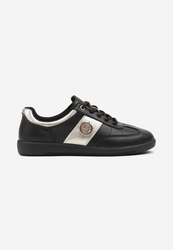 Born2be - Czarno-Złote Skórzane Sneakersy Klasyczne Tenisówki z Metalicznym Zdobieniem Marins. Okazja: na co dzień. Kolor: czarny. Materiał: skóra. Wzór: aplikacja. Obcas: na płaskiej podeszwie