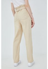 Tommy Jeans spodnie bawełniane damskie kolor beżowy proste high waist. Okazja: na co dzień. Stan: podwyższony. Kolor: beżowy. Materiał: bawełna. Styl: casual