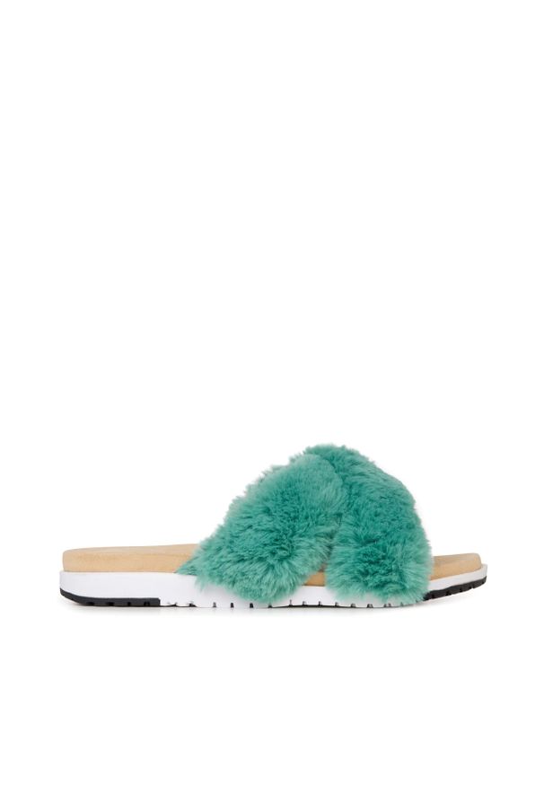 emu - Klapki Emu Mareeba Sea Green, Zielony, Futra naturalna. Kolor: zielony. Materiał: skóra. Wzór: paski. Styl: elegancki