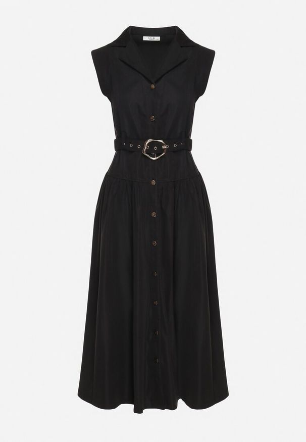 Born2be - Czarna Sukienka Koszulowa Ozdobiona Paskiem Devikka. Okazja: na co dzień. Kolor: czarny. Materiał: skóra. Wzór: aplikacja. Typ sukienki: koszulowe. Styl: casual, elegancki, klasyczny