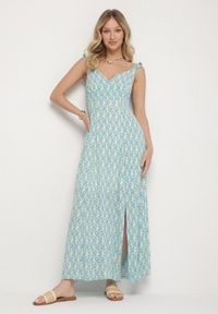 Born2be - Niebieska Wiskozowa Sukienka w Kwiaty z Ozdobnymi Falbankami Redele. Okazja: na spacer, na co dzień. Typ kołnierza: kołnierz z falbankami. Kolor: niebieski. Materiał: wiskoza. Długość rękawa: na ramiączkach. Wzór: kwiaty. Typ sukienki: proste. Styl: casual, klasyczny #1