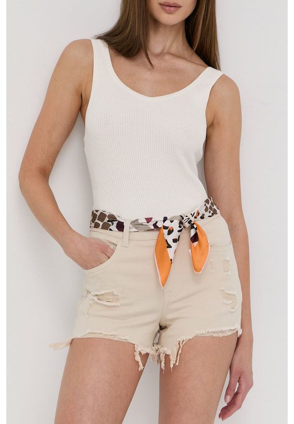 Liu Jo szorty damskie kolor beżowy gładkie high waist. Stan: podwyższony. Kolor: beżowy. Materiał: denim. Wzór: gładki