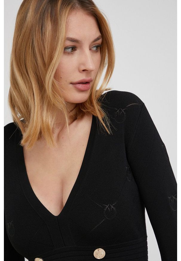 Pinko Sukienka kolor czarny mini dopasowana. Kolor: czarny. Materiał: dzianina. Długość rękawa: długi rękaw. Wzór: haft. Typ sukienki: dopasowane. Długość: mini