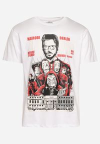Born2be - Biały Klasyczny T-shirt z Bawełny z Dużym Nadrukiem Gunelia. Okazja: na co dzień. Kolor: biały. Materiał: bawełna. Wzór: nadruk. Styl: klasyczny #6