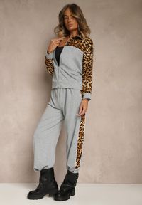 Renee - Szary Komplet Dresowy z Panterkowymi Wstawkami Bluza i Spodnie Wide Leg Redrie. Kolor: szary. Materiał: dresówka. Wzór: aplikacja, motyw zwierzęcy #3