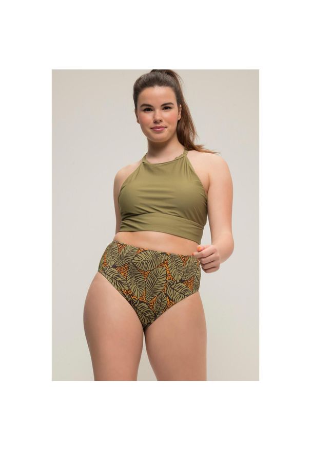 ULLA POPKEN - Damskie Figi od bikini nadruk w liście wysoki stan. Stan: podwyższony. Kolekcja: plus size. Kolor: zielony. Materiał: poliester, elastan, poliamid, materiał. Wzór: nadruk