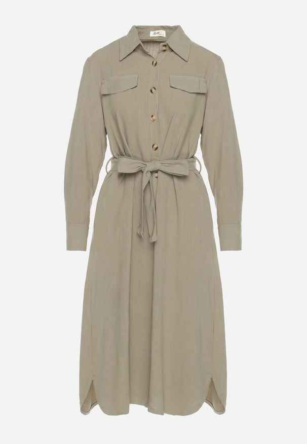 Born2be - Zielona Bawełniana Sukienka Koszulowa z Wiązanym Paskiem Zintrona. Okazja: na co dzień. Kolor: zielony. Materiał: bawełna. Typ sukienki: koszulowe. Styl: casual