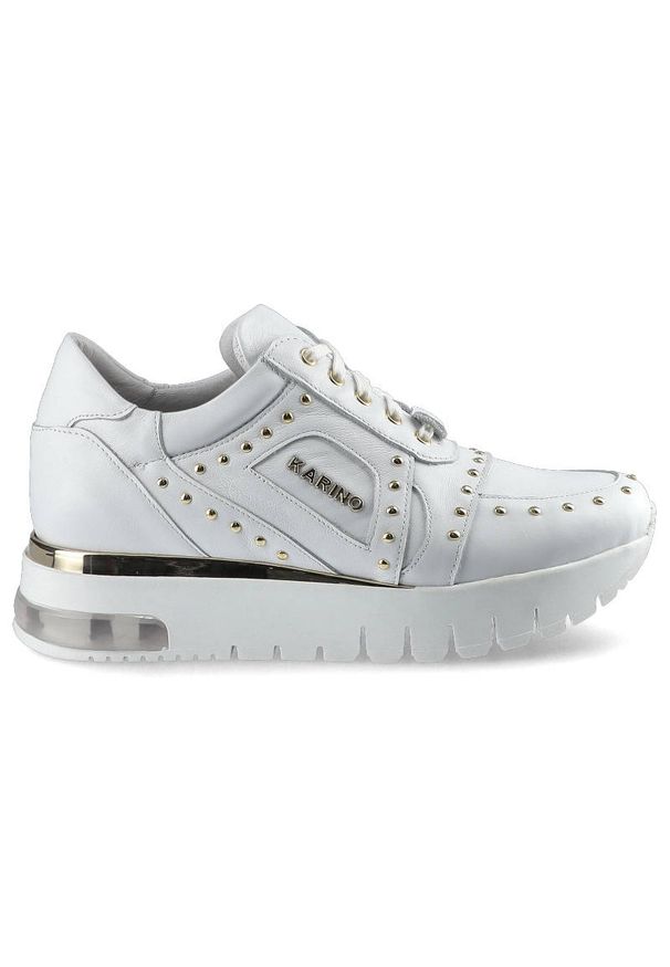 Białe Sneakersy Karino Damskie Skórzane Półbuty. Okazja: na co dzień. Kolor: biały. Materiał: skóra. Szerokość cholewki: normalna. Obcas: na platformie. Styl: sportowy, casual